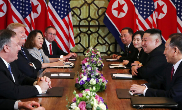 North Korea's leader Kim Jong Un and U.S. President Donald Trump attend the extended bilateral meeting in the Metropole hotel with U.S. Secretary of State Mike Pompeo, White House national security adviser John Bolton, acting White House Chief of Staff Mick Mulvaney, North Korean Foreign Minister Ri Yong Ho and Kim Yong Chol, Vice Chairman of the North Korean Workers' Party Committee, during the second North Korea-U.S. summit in Hanoi, Vietnam February 28, 2019. REUTERS/Leah Millis TPX IMAGES OF THE DAY